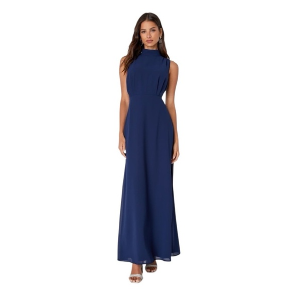 NEW Lulus Classic Elegance Navy Chiffon Sleeveless Mock Neck Maxi Dress XS #1571 - Picture 1 of 8